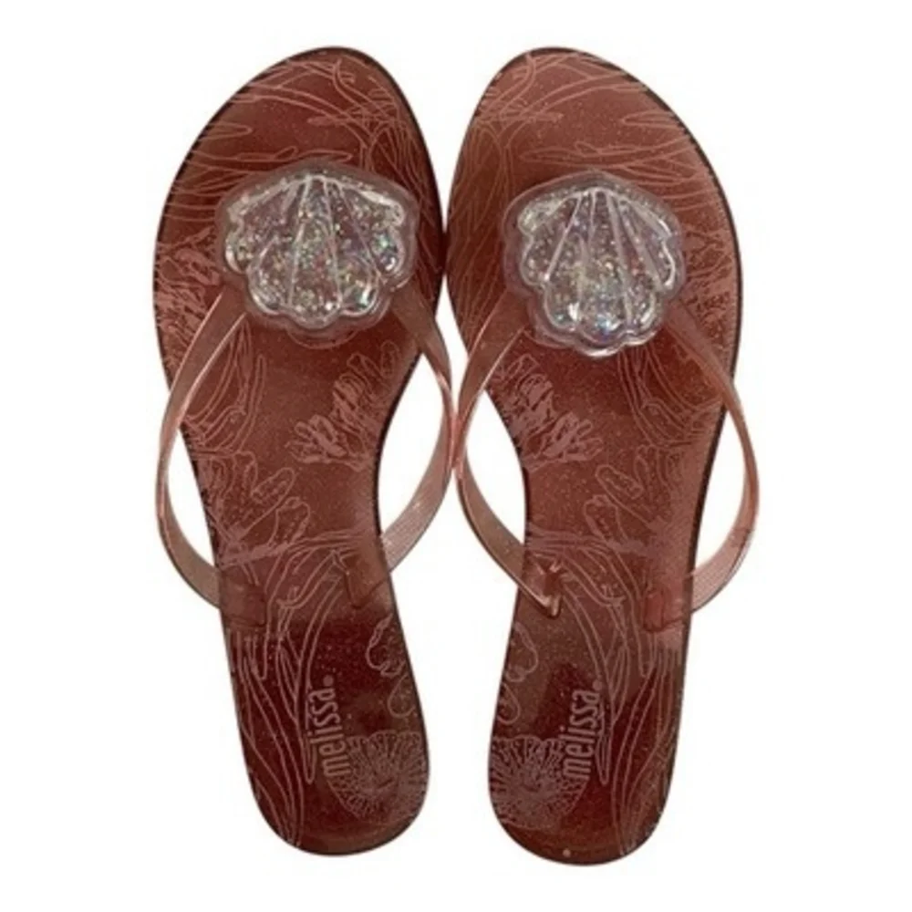 Melissa Jelly Flip Flop Sandals Glitter Seashell Brown Womens Size 6  EXC